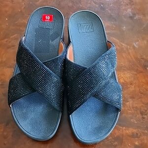Fitflop Black Lulu Glitterball Cross Slide Sandals - Size 10